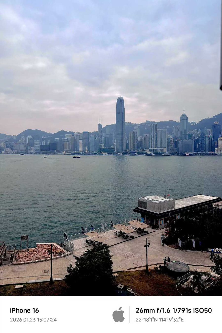 香港维多利亚港，傍晚的海面与天际线